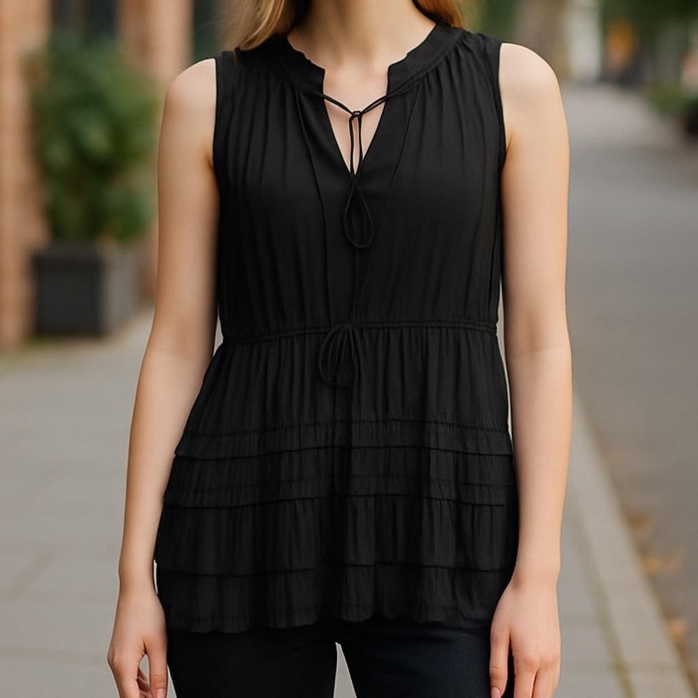 Anthropologie Current Air Black Split V-Neck Smocked Ruffled Pleated Top Blouse